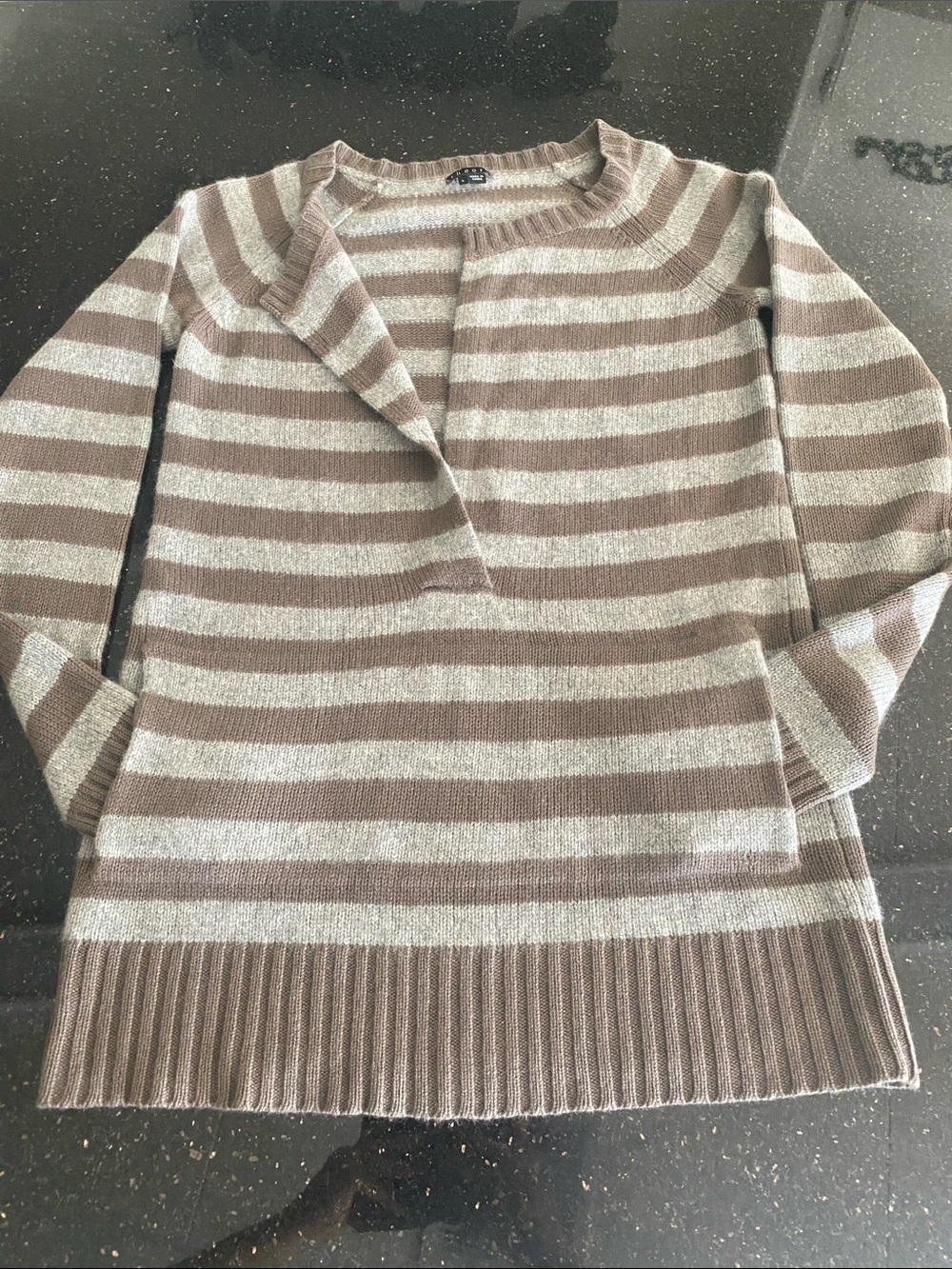 Theory Striped Crewneck Sweater in Taupe and Cream with Pockets